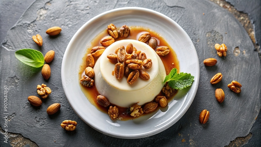 Delicious panna cotta with nuts on light grey table, top view. Space for text Delicious panna cotta with nuts on light grey table, top view. Space for text