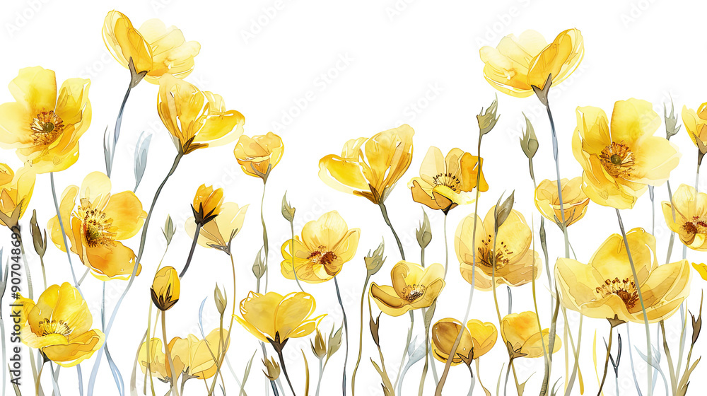 Watercolor whimsical buttercups in dry brush style, bold and vivid strokes, clean white background Watercolor whimsical buttercups in dry brush style, bold and vivid strokes, clean white background