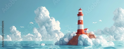 Isometric rendering of a lighthouse on rocky island surrounded by ocean with cloudy sky