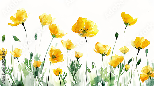 Watercolor whimsical buttercups in wet-on-wet style, blending smoothly, white background