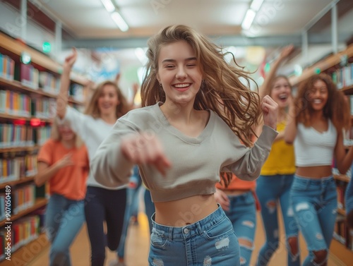 roup of students dancing and have fun in a library photo