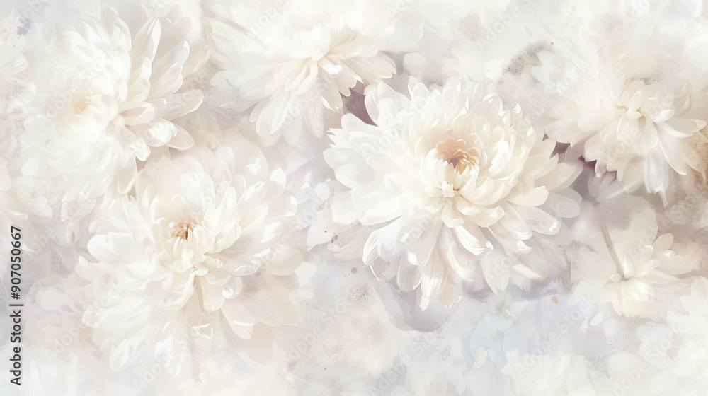 Watercolor White chrysanthemums using lifting, soft and light, delicate and gentle, pastel shades, light background Watercolor White chrysanthemums using lifting, soft and light, delicate and gentle, pastel shades, light background