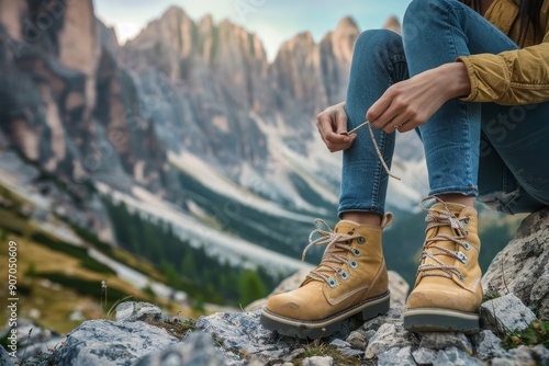 Woman tying boot laces, resting and sitting on rock in the mountains with beautiful view, copy space, Generative AI