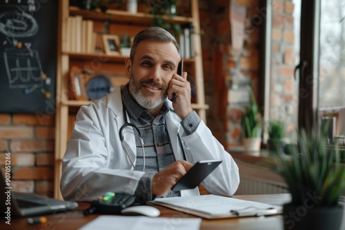 Positive European man GP doctor talking on cellphone, answering call, giving remote consultation to patient and taking notes in clipboard, Generative AI