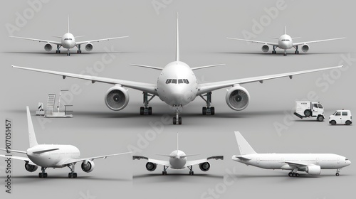 3D Set of White Realistic Airplane Isolated. Render Collection of Passenger or Commercial Jet Icon. Time for Travel Concept. Traveling Booking Agency, Airlines. Holiday Vacation ai generated