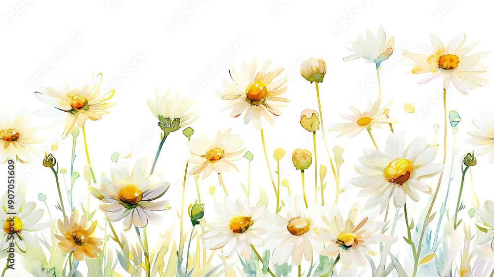 Watercolor whimsical daisies in wet-on-wet style, blending smoothly, white background Watercolor whimsical daisies in wet-on-wet style, blending smoothly, white background