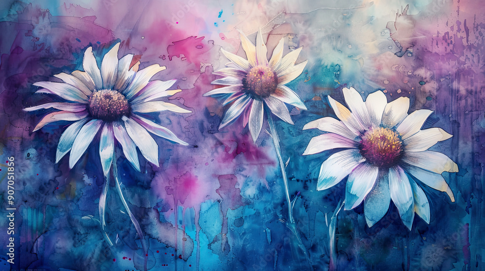 Watercolor whimsical daisies using layering (glazing), rich and deep colors, elegant and serene, textured paper background Watercolor whimsical daisies using layering (glazing), rich and deep colors, elegant and serene, textured paper background