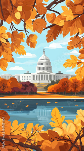 Vertical Illustration of Washington DC in fall season