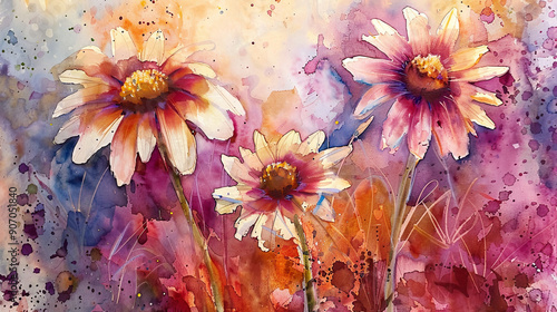 Watercolor whimsical daisies using layering (glazing), deep and rich colors, textured paper background