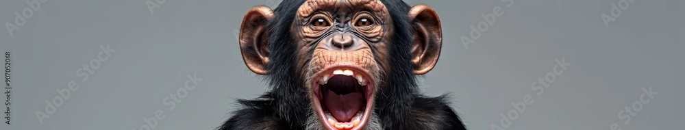 Joyful Laughter of a Black Gorilla Captured on a Grey Background, Conveying the Charm of Primate Emotion Joyful Laughter of a Black Gorilla Captured on a Grey Background, Conveying the Charm of Primate Emotion