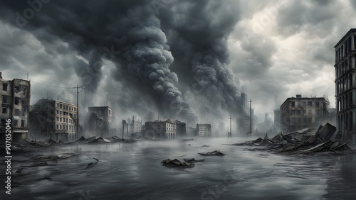 A city is destroyed by a nuclear bomb, with smoke and ash filling the sky