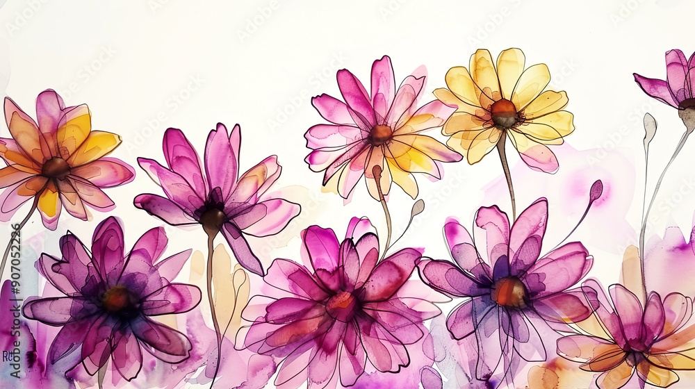 Watercolor whimsical daisies with ink and wash combination, intricate and colorful, light background Watercolor whimsical daisies with ink and wash combination, intricate and colorful, light background