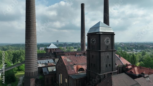 Aerial drone view of the Szombierki Heat and Power Plant, formerly the Bobrek Power Plant. The Trail of Technical Monuments of the Silesian Voivodeship. Old Heat and Power Plant in Bytom, Poland.