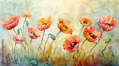 Watercolor whimsical poppies using layering (glazing), creating depth with rich colors, textured paper background