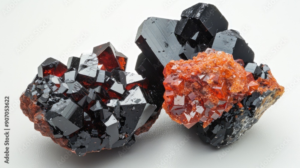 Black Hausmannite and red andradite on white background NChwaning II ...