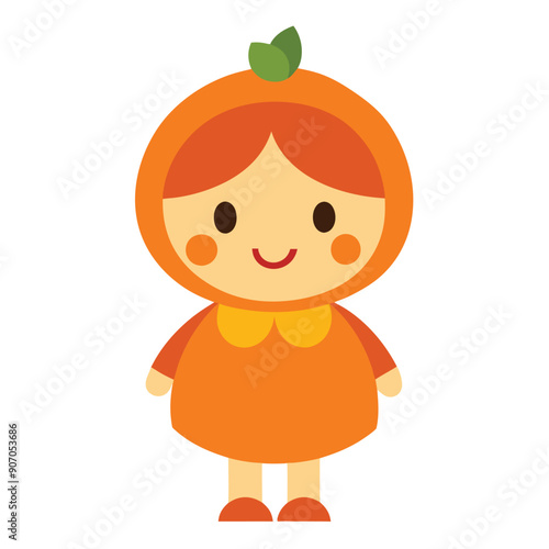 Cute Little Girl in Pumpkin Halloween Costume Vector Art Illustration.