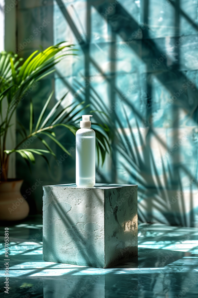 Modern and Elegant Skincare Bottle Display in a Fresh Spa Environment Modern and Elegant Skincare Bottle Display in a Fresh Spa Environment