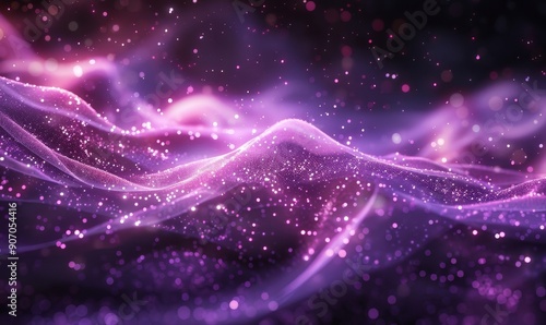 Digital purple particles wave and light abstract background with shining dots stars, Generative AI