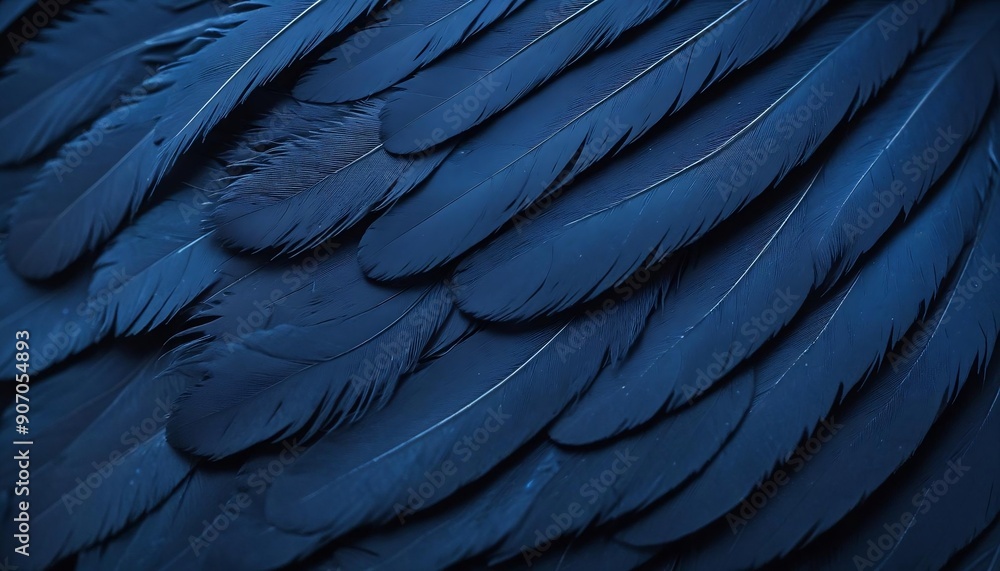 Fototapeta premium Beautiful background with a fascinating macro shot of a bright large bird's feather in the smallest details of dark blue 