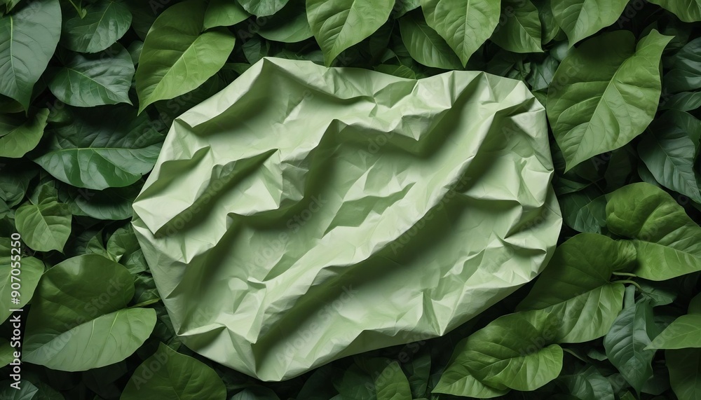 Fototapeta premium Close-up of a crumpled paper surrounded by lush green leaves, creating a natural and eco-friendly background created with generative ai.