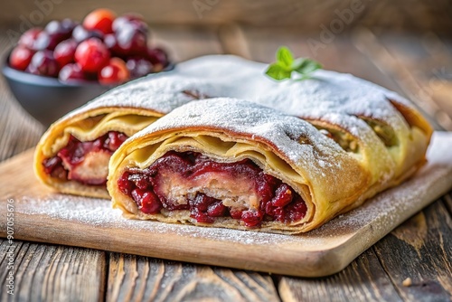 Delicious Homemade Cherry Pie. Sweet slices of cherry strudel on a wooden table. Traditional cuisine. photo