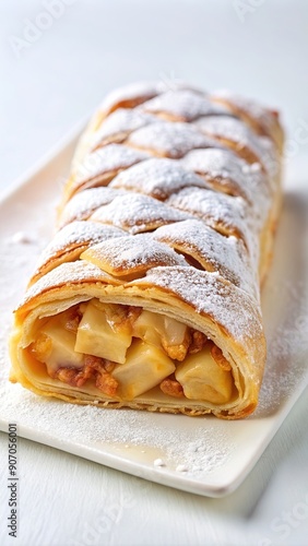 Traditional pieces of apple strudel with cinnamon, raisin, powdered sugar and mint. classic and probably the best known Viennese pastry outside of Austria. photo