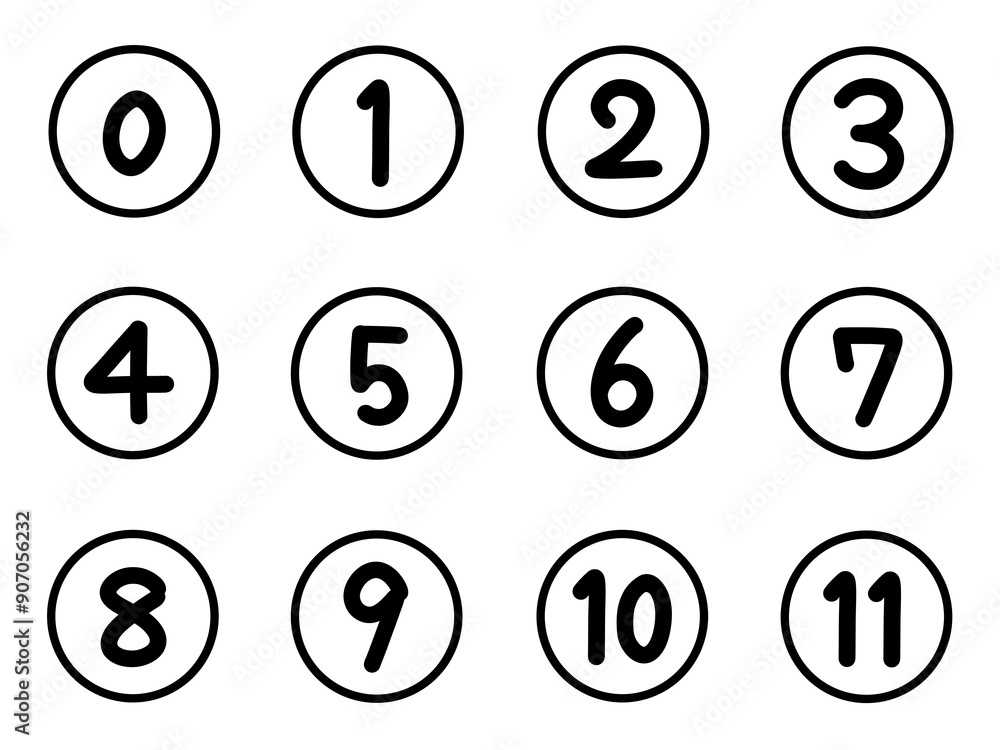 A set of handwritten numbers from zero to eleven on circles A set of handwritten numbers from zero to eleven on circles