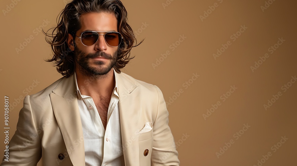 Handsome confident model. Arabian man dressed in elegant beige suit. Fashion male with long curly hairstyle posing near beige wall in studio. Handsome confident model. Arabian man dressed in elegant beige suit. Fashion male with long curly hairstyle posing near beige wall in studio.
