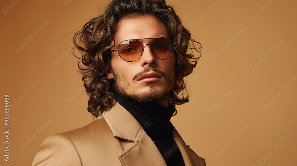 Handsome confident model. Arabian man dressed in elegant beige suit. Fashion male with long curly hairstyle posing near beige wall in studio. Handsome confident model. Arabian man dressed in elegant beige suit. Fashion male with long curly hairstyle posing near beige wall in studio.