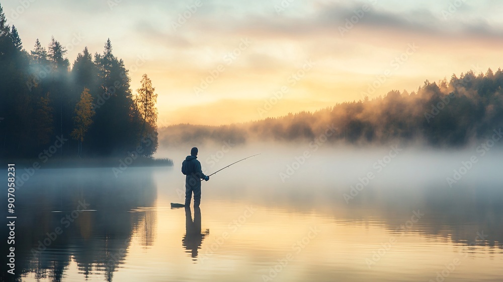 Fisherman casting a line into a serene, mist-covered lake at dawn, with the reflection of the surrounding trees and early morning light creating a peaceful atmosphere Fisherman casting a line into a serene, mist-covered lake at dawn, with the reflection of the surrounding trees and early morning light creating a peaceful atmosphere