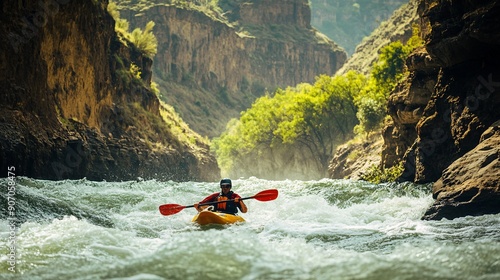 Kayaker expertly maneuvering through challenging rapids in a lush, green river canyon, with whitewater spray and dramatic rock formations adding to the adventurous scene photo