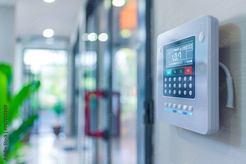 Modern Home Security System Control Panel Displaying Various Features and Settings in a Bright Hallway Modern Home Security System Control Panel Displaying Various Features and Settings in a Bright Hallway