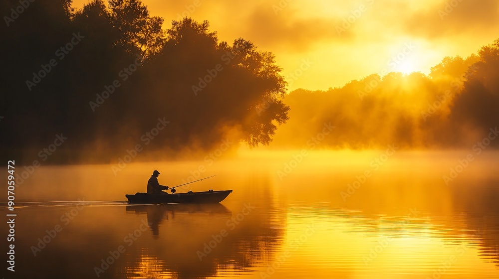 Fisherman enjoying a tranquil sunrise while fishing from a boat on a misty lake, with reflections of trees and peaceful early morning light creating a serene setting