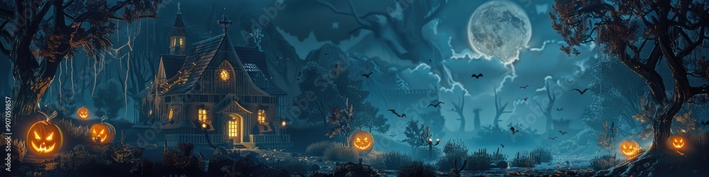 Realistic Halloween haunted house with pathway and jack o lanterns under the moon Realistic Halloween haunted house with pathway and jack o lanterns under the moon