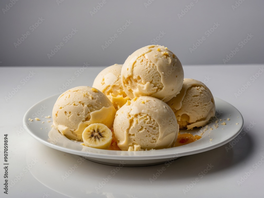 Banana ice cream balls in nice plate on white background: a chic display of sweet indulgence. Banana ice cream balls in nice plate on white background: a chic display of sweet indulgence.
