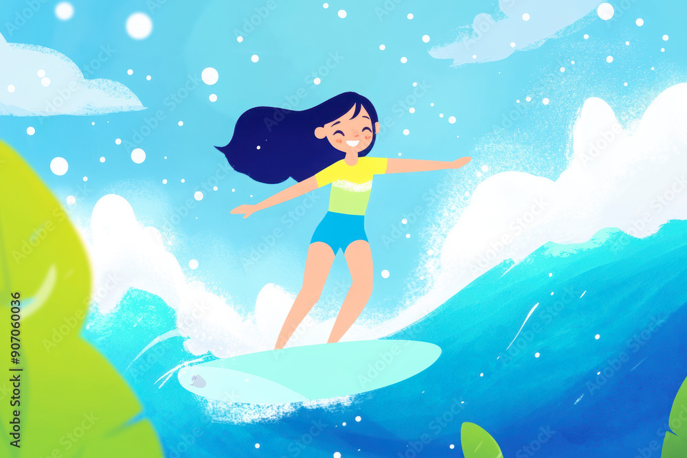 illustration of a Girl surfing on a wave with a bright blue sky and ocean illustration of a Girl surfing on a wave with a bright blue sky and ocean