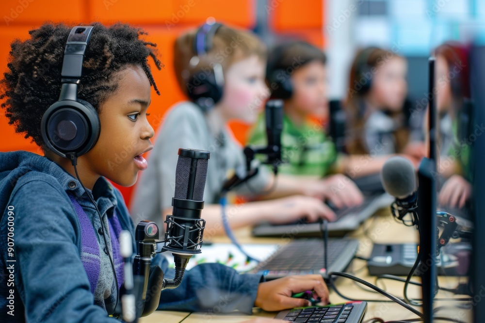 Diverse Group of Students Creating Podcasts in School Media Lab - Education, Creativity, Collaboration Diverse Group of Students Creating Podcasts in School Media Lab - Education, Creativity, Collaboration