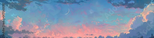 Cotton candy colored twilight sky with a bashful crescent moon casting a magical glow on the serene evening canvas