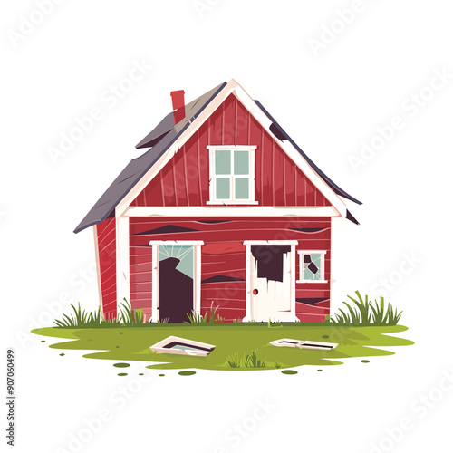 Red wooden cottage damaged neglected, broken windows grass overgrown, abandoned house illustration. Dilapidated rural home needs repair, weathered walls, unkept yard cartoon. Rundown farmhouse