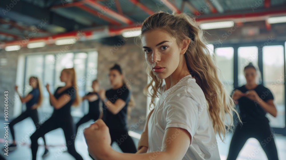 Fototapeta premium Female Instructor Demonstrates Self-Defense Move to Women in Modern Gym Setting