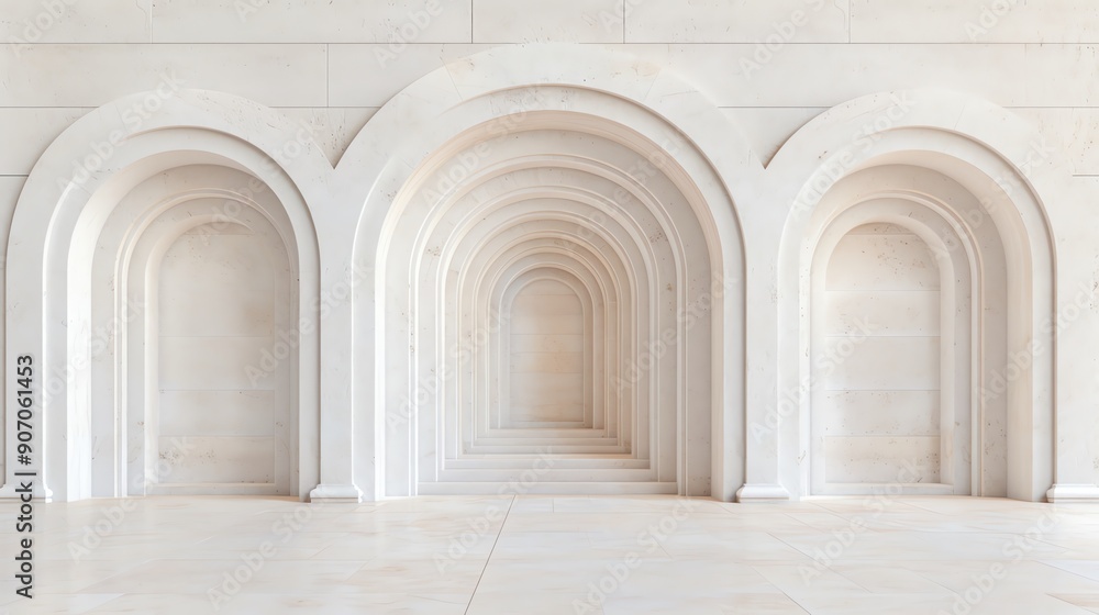 A minimalist interior featuring elegant white arches creating a serene and modern architectural space. A minimalist interior featuring elegant white arches creating a serene and modern architectural space.