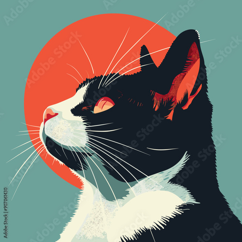 Black white cat profile against red sun, feline elegance, whiskers, graphic art. Domestic pet close up, retro colors, sophisticated cat portrait illustration. Tuxedo artwork, red