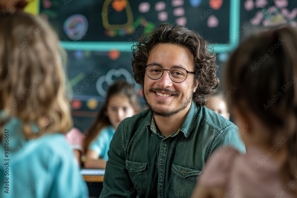 Smiling male teacher with glasses interacting with students in colorful classroom