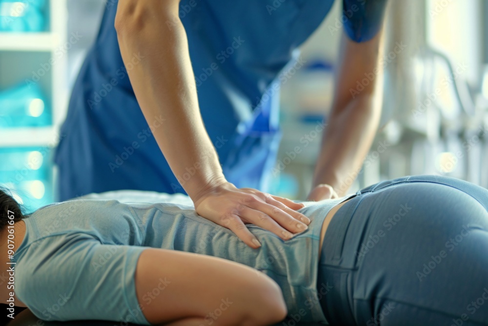 Physiotherapist is examining a female patient experiencing back pain Physiotherapist is examining a female patient experiencing back pain