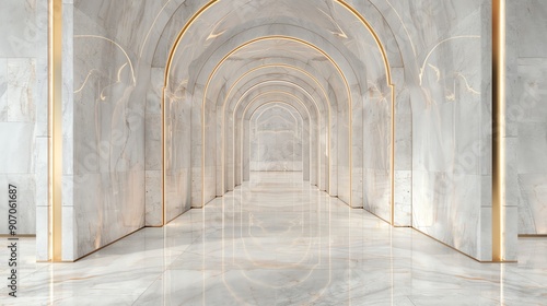 A stunning marble corridor with elegant arches and golden accents, perfect for showcasing luxury and architectural design.