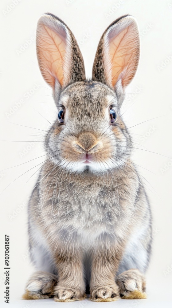 Obraz premium Adorable Bunny Charm: A Playful Portrait of a Cute Gray Rabbit Pet on a Pure White Background, Exuding Innocence and Whimsy