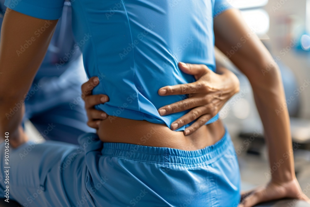 Doctor is examining the lower back of her patient who is feeling pain Doctor is examining the lower back of her patient who is feeling pain