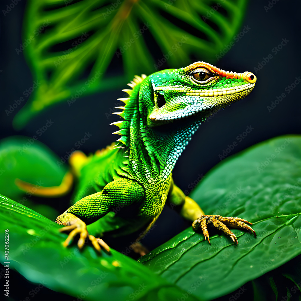 Obraz premium green lizard in a leaf on a black background