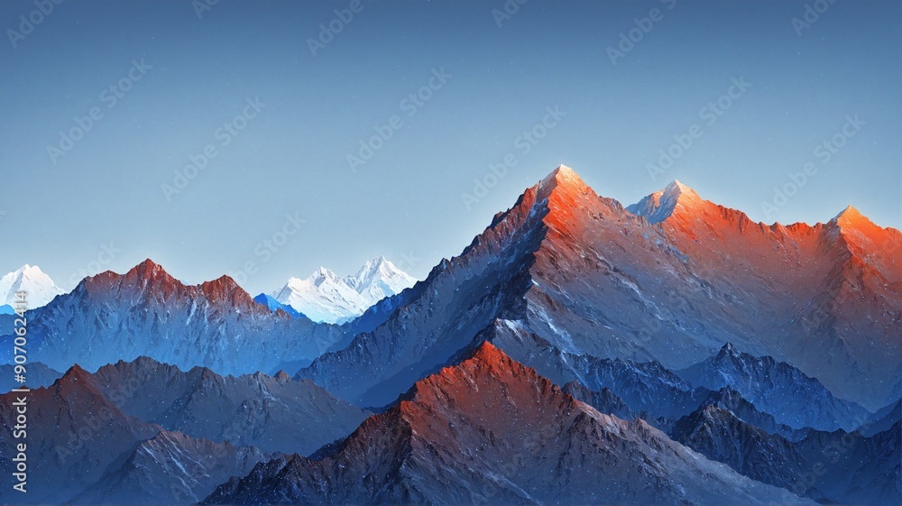 Obraz premium Mountain Range at Sunset, a vibrant mountain range with snow-capped peaks bathed in the warm glow of a sunset.