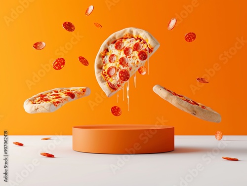 Delicious pepperoni pizza floating against a vibrant orange backdrop, showcasing its cheesy layers and freshness. photo